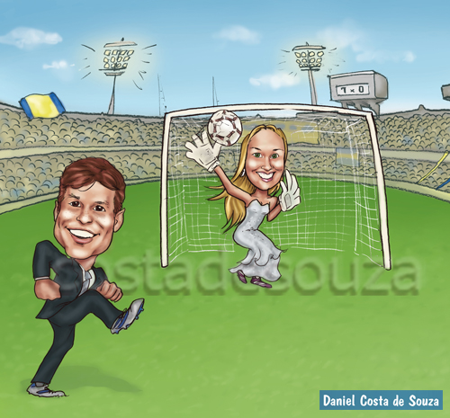 caricatura futebol casal noivos