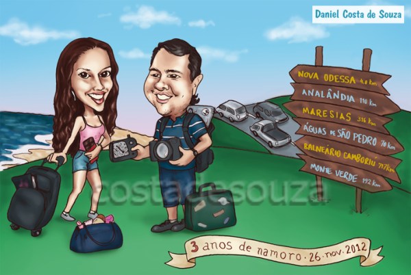 caricatura viagem casal turismo malas namorados