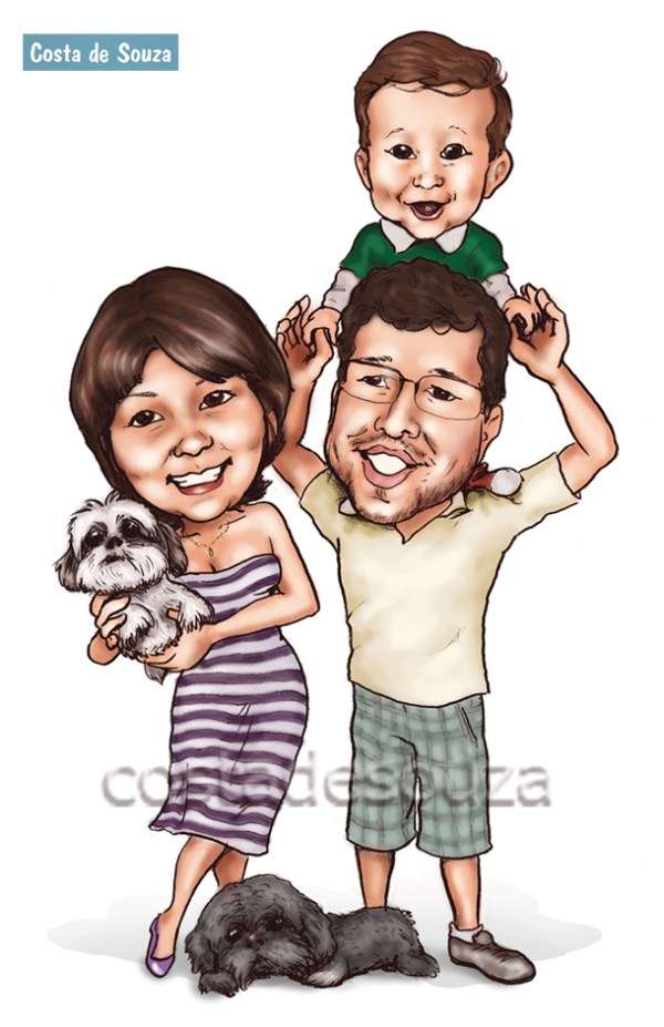 caricatura família presente quadro caneca