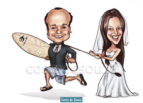 caricatura noivos casamento surf