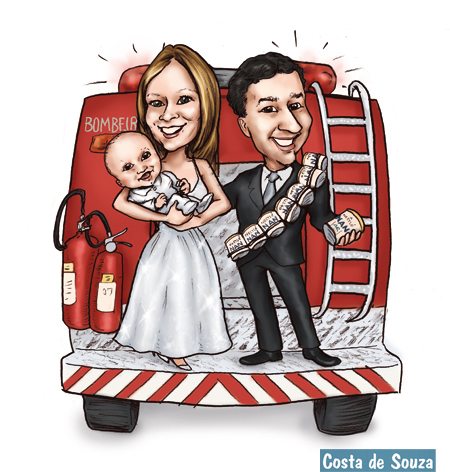 caricatura família bebê noivos bombeiro