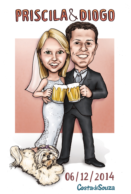 caricatura noivos casamento cachorro