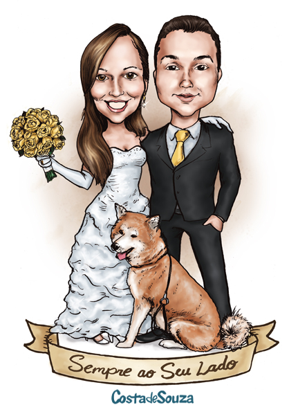 caricatura noivos convite cachorro