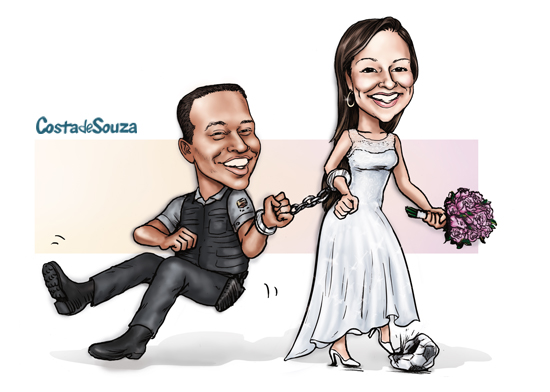 caricatura noivos puxando casamento