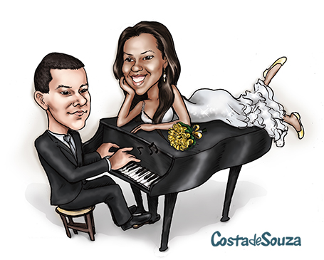 caricatura casamento noivos piano