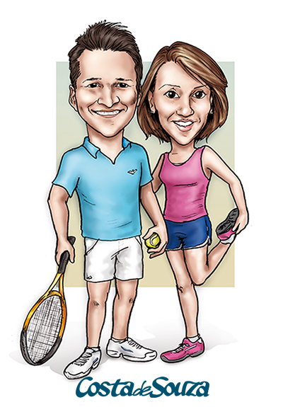 casal corrida tênis esporte caricatura