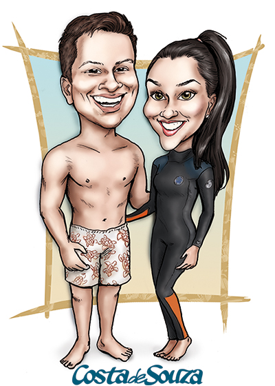 caricatura casal surf namorados