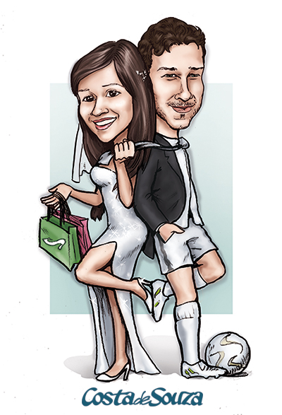 caricatura casamento noivos futebol compras