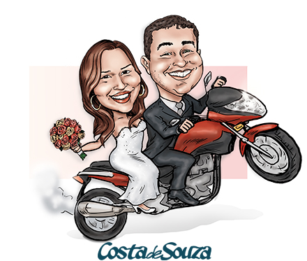 caricatura casamento noivos moto