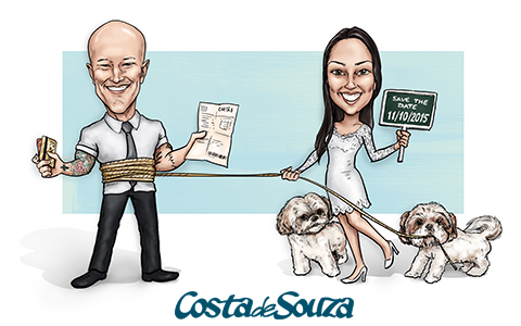 caricatura noivos casamento cachorro