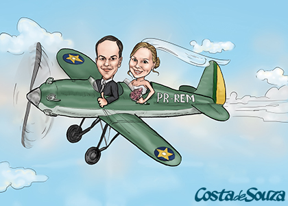 caricatura noivos casamento avião