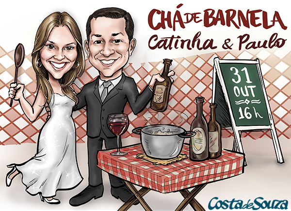 caricatura noivos casamento chá bar