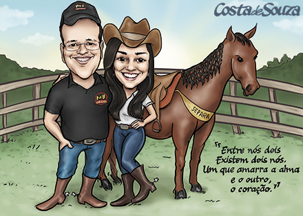 caricatura casal fazenda cavalo