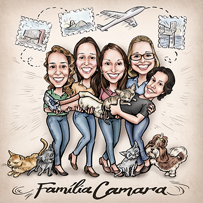 caricatura família viagem gatos