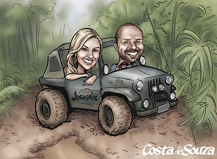 caricatura namorados trilha jeep