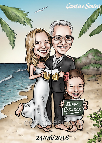 caricatura noivos casamento praia