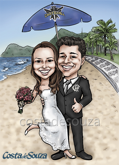 caricatura casamento noivos praia