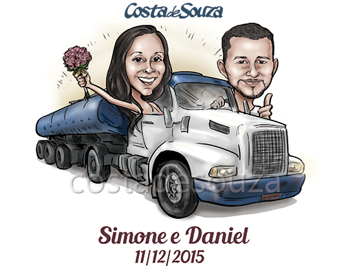 caricatura noivos casamento caminhão