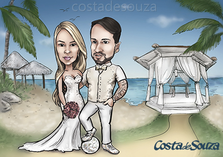 caricatura casamento praia caribe