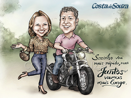 caricatura-casal-moto-quadro