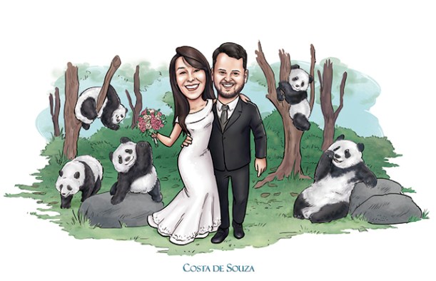 caricatura casamento noivos panda wedding