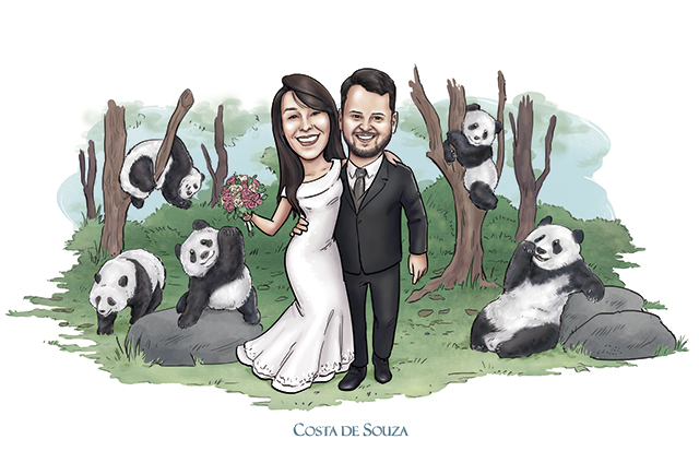 caricatura casamento noivos panda wedding