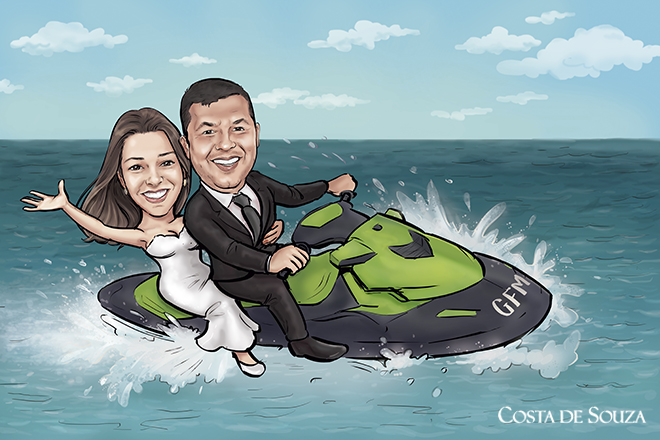 Excited couple riding jetski